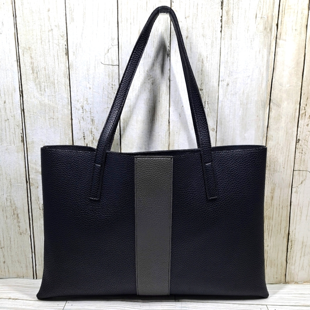Vince Camuto Luck Vgn Lthr Black Gray Stripe 2Handle 2Pocket Slim OpenTop Tote